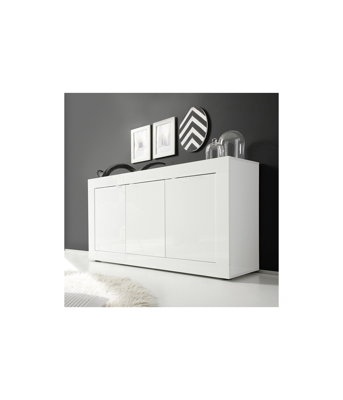 MOBILI 2G - MADIA MODERNA 3 ANTE BIANCO LUCIDO 160X43X86 VISTA FRONTALE