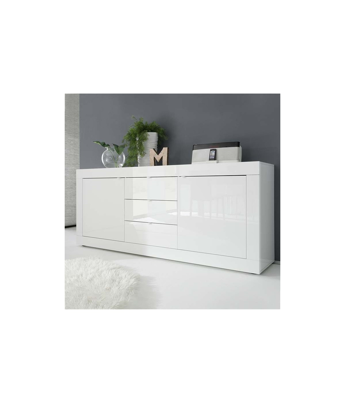 MOBILI 2G - MADIA MODERNA 2 ANTE 3 CASSETTI BIANCO LUCIDO 210X43X86 VISTA FRONTALE