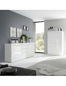 MOBILI 2G - MADIA MODERNA 2 ANTE 3 CASSETTI BIANCO LUCIDO 210X43X86 VISTA FRONTALE