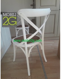 MOBILI 2G - SET 2 Sedie Cross Bistrot Shabby Vintage Bianco Olmo Seduta Rivestita Rattan Naturale Modello VISTA SCHIENALE