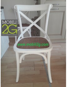 MOBILI 2G - SET 2 Sedie Cross Bistrot Shabby Vintage Bianco Olmo Seduta Rivestita Rattan Naturale Modello VISTA FRONTALE