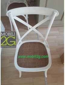 MOBILI 2G - SET 2 Sedie Cross Bistrot Shabby Vintage Bianco Olmo Seduta Rivestita Rattan Naturale Modello VISTA FRONTALE