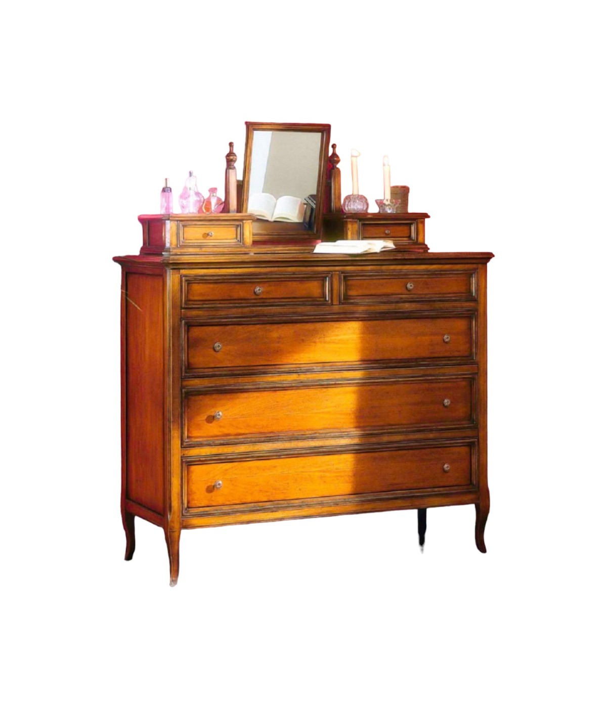 MOBILI 2G - CASSETTIERA CLASSICA 5 CASSETTI LEGNO GREZZO CON ALZATINA 120X48X144 VISTA FRONTALE