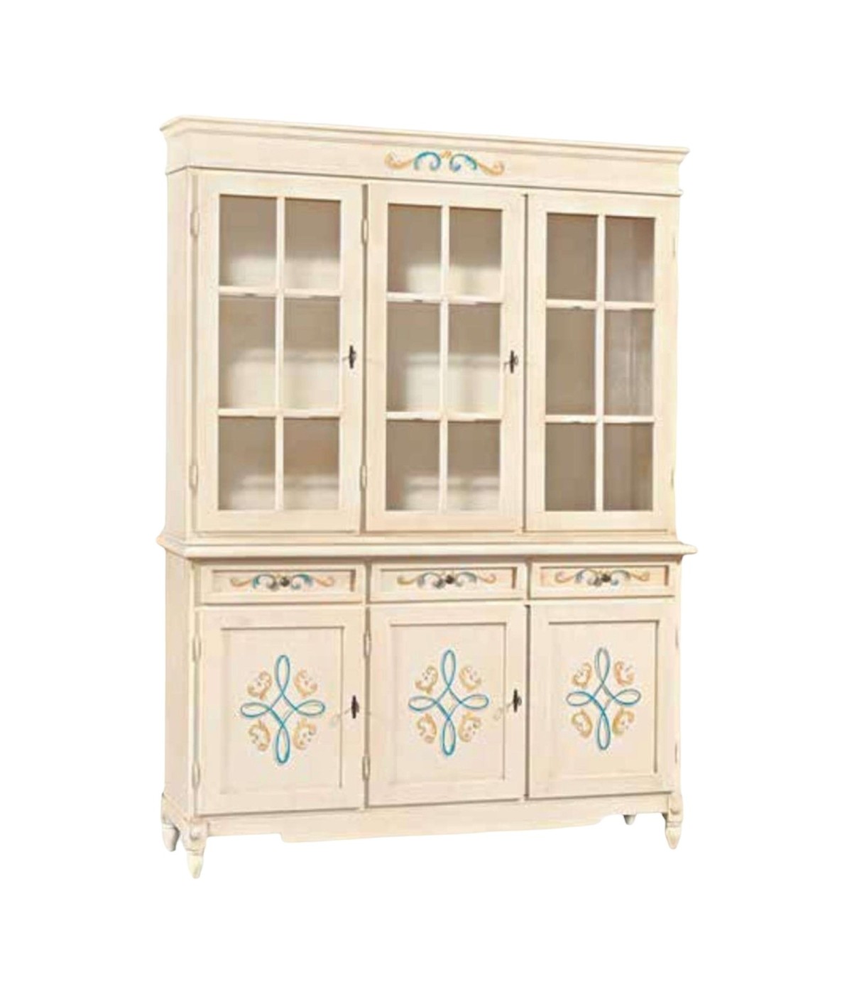 MOBILI 2G - CRISTALLIERA CLASSICA 3 PORTE LEGNO AVORIO PENNELLATO CON DECORI 156x42x213 vista frontale