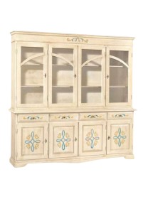 MOBILI 2G - CRISTALLIERA CLASSICA 4 PORTE LEGNO AVORIO PENNELLATO DECORI 205x42x205 vista frontale