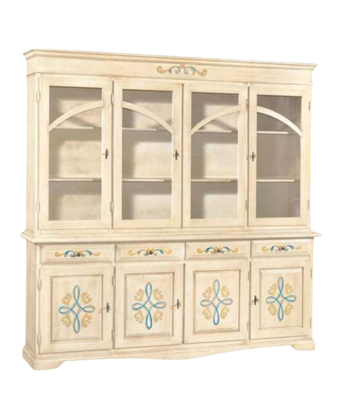 MOBILI 2G - CRISTALLIERA CLASSICA 4 PORTE LEGNO AVORIO PENNELLATO DECORI 205x42x205 vista frontale
