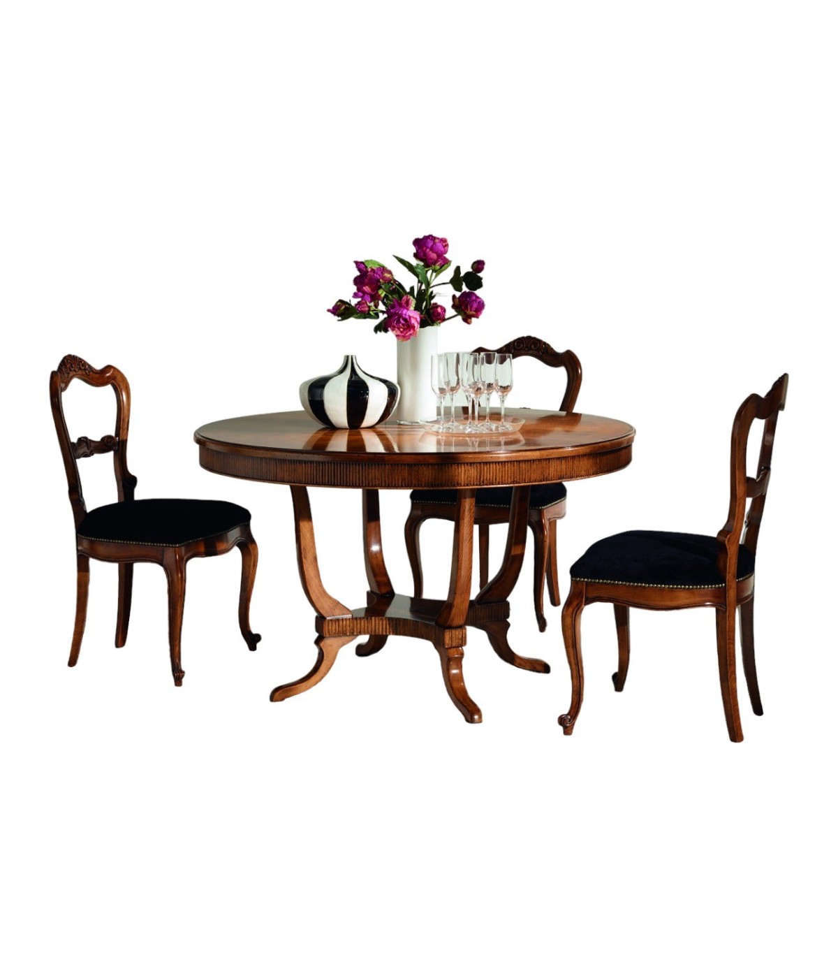 MOBILI 2G - Tavolo rotondo classico legno intarsio tinta noce 120/130/140 Cm vista frontale