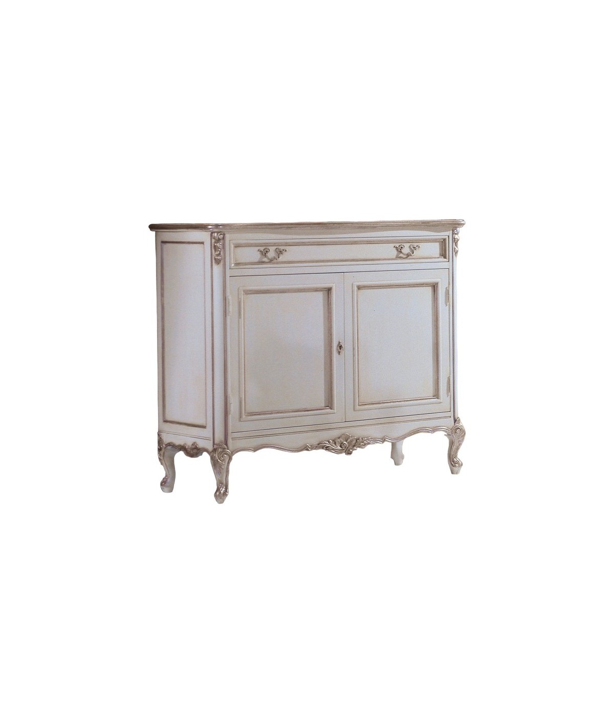 MOBILI 2G - Credenza 2 porte classica legno shabby bianco argento 130X62x107 vista frontale