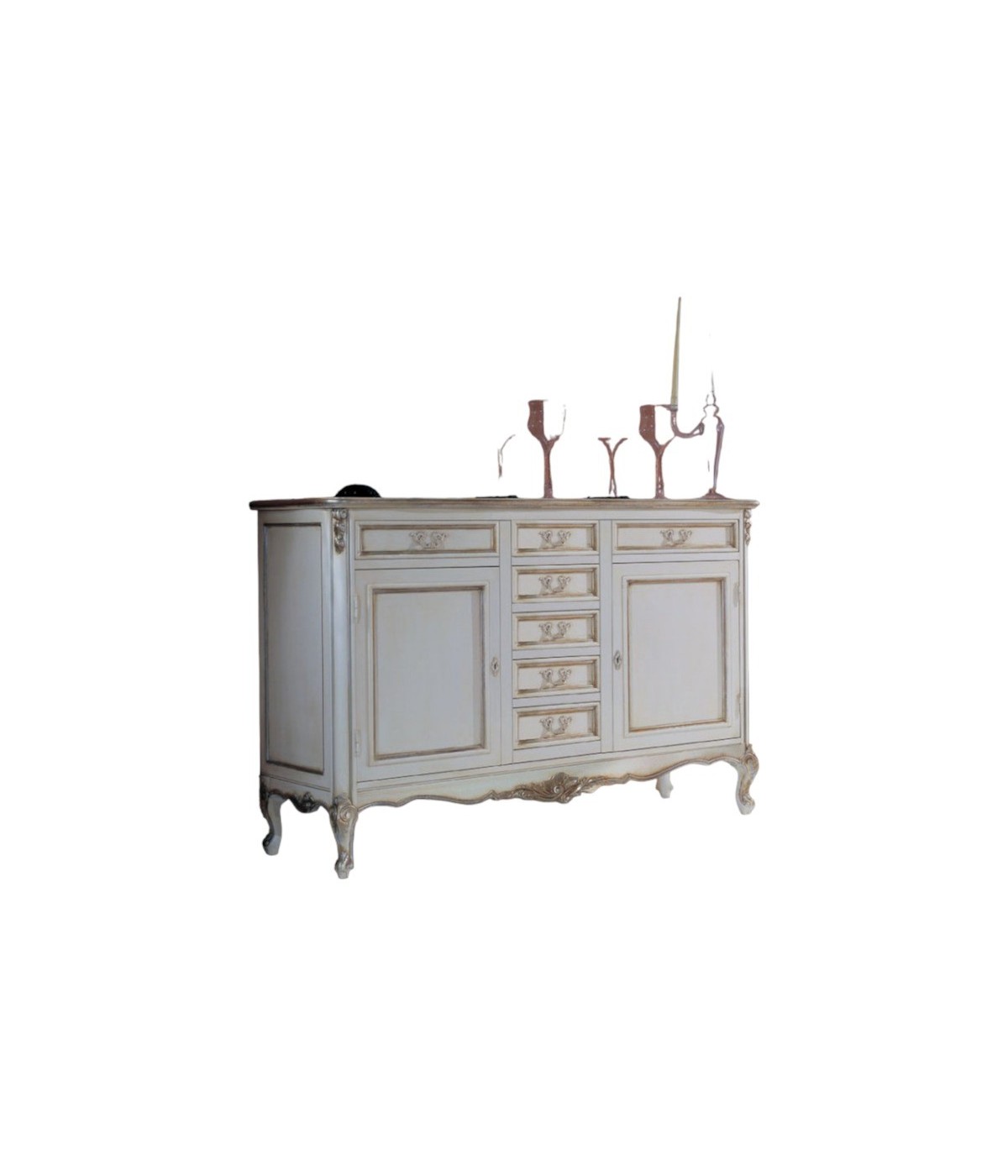 MOBILI 2G - Credenza 2 porte 7 cassetti classica legno shabby bianco argento 190X62x107 vista frontale