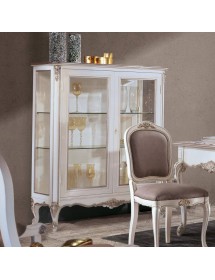 MOBILI 2G - Vetrina 2 porte classica legno shabby bianco argento 130X50x150 vista frontale