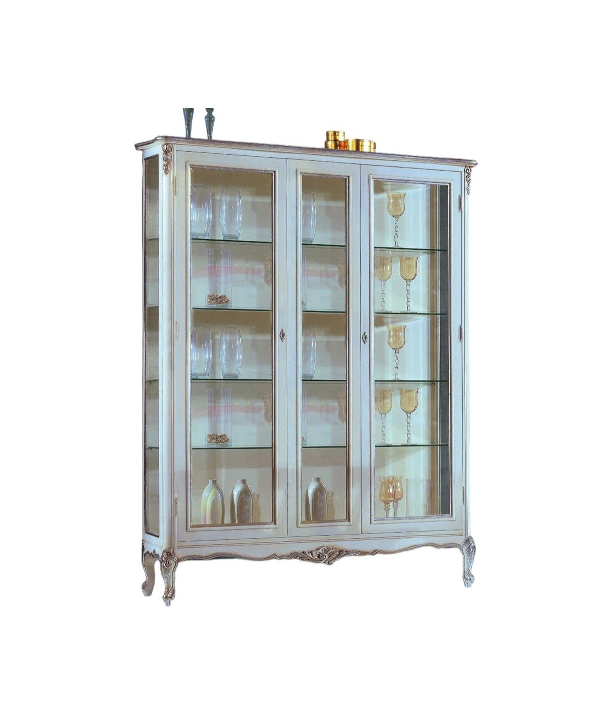 MOBILI 2G - Vetrina 2 porte classica legno shabby bianco argento 164X51x215 vista frontale