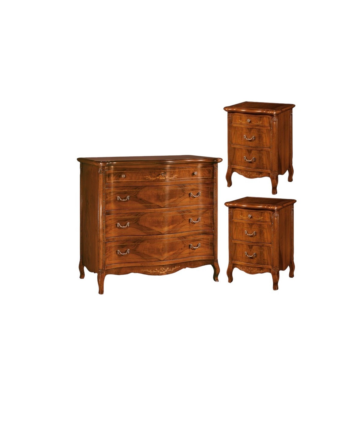 MOBILI 2G - SET 1 cassettiera 2 comodini classici legno intarsio tinta noce vista cassettiera e comodini