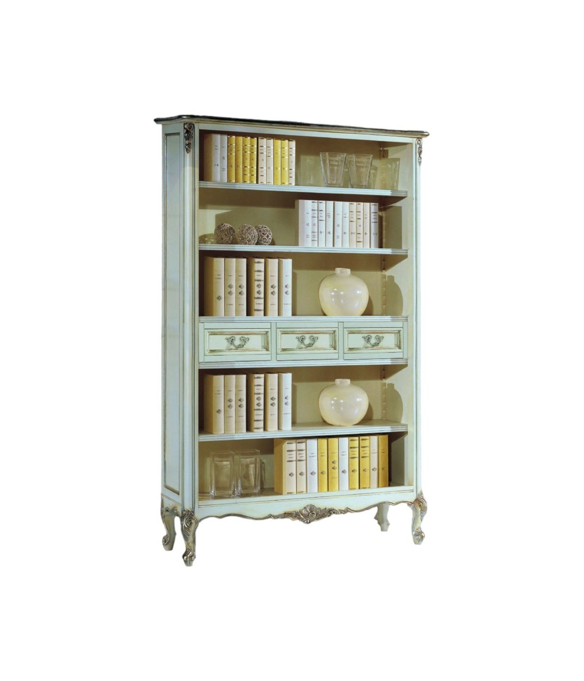 MOBILI 2G - Libreria classica legno shabby bianco argento 130X50x215 vista frontale