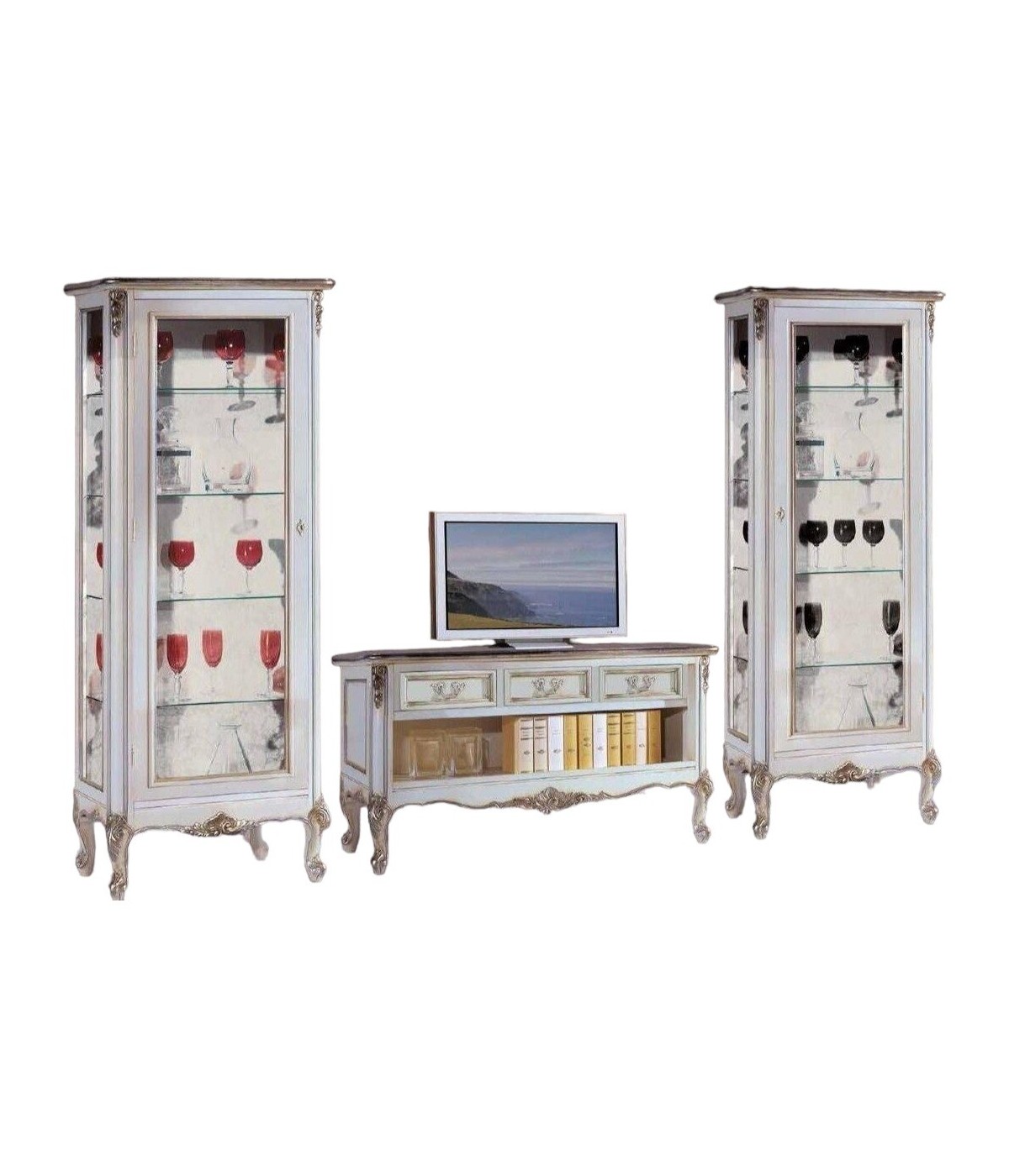 MOBILI 2G - Parete attrezzata classica legno shabby bianco argento  vista frontale