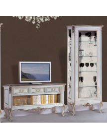 MOBILI 2G - Parete attrezzata classica legno shabby bianco argento  vista frontale porta tv e vetrina