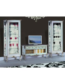 MOBILI 2G - Porta tv classico 3 cassetti legno shabby bianco argento 164x51x56 vista frontale sala completa
