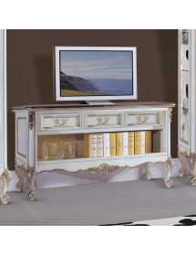 MOBILI 2G - Porta tv classico 3 cassetti legno shabby bianco argento 164x51x56 vista frontale