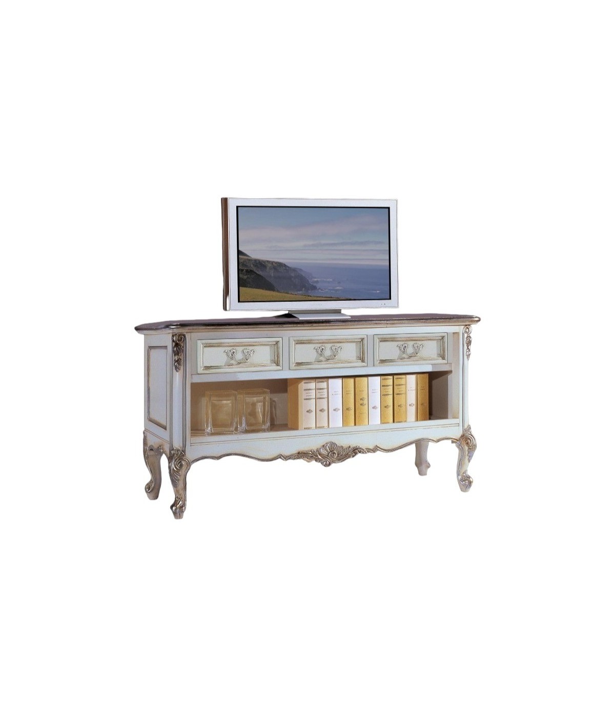 MOBILI 2G - Porta tv classico 3 cassetti legno shabby bianco argento 164x51x56 vista frontale