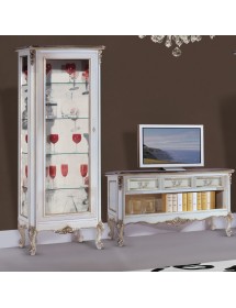 MOBILI 2G - Parete Attrezzata Classica Legno Shabby Bianco Argento SX vista frontale porta tv e vetrina
