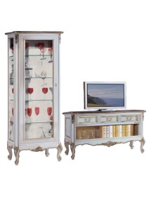 MOBILI 2G - Parete Attrezzata Classica Legno Shabby Bianco Argento SX vista frontale porta tv e vetrina