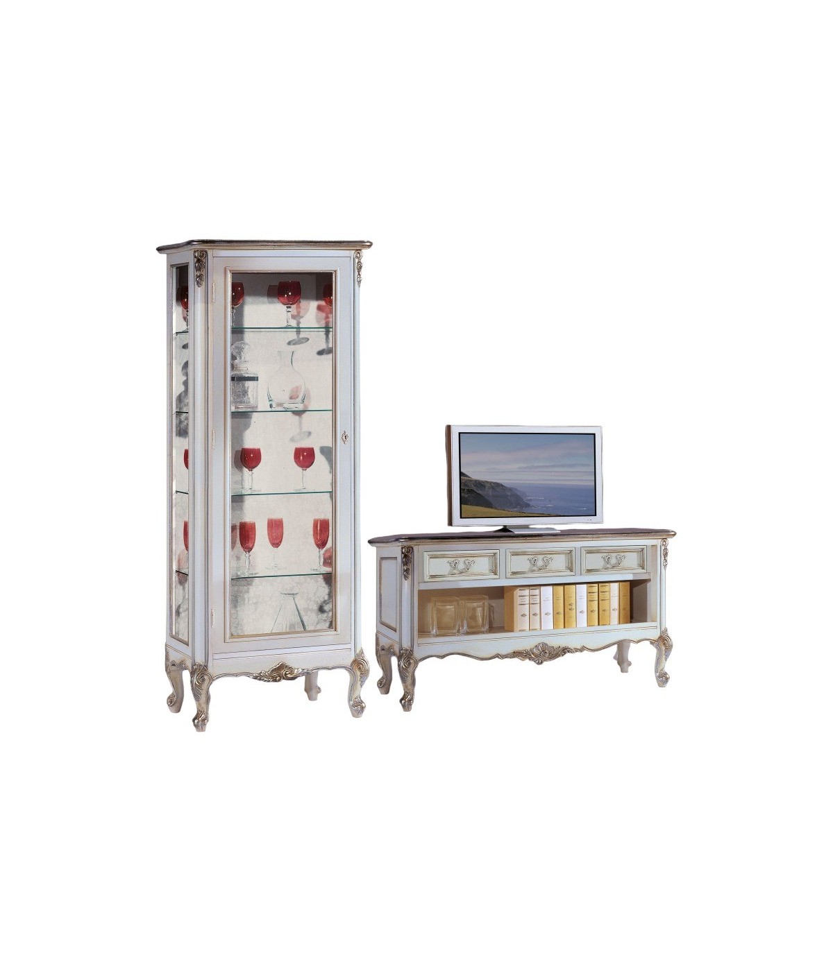MOBILI 2G - Parete Attrezzata Classica Legno Shabby Bianco Argento SX vista frontale porta tv e vetrina
