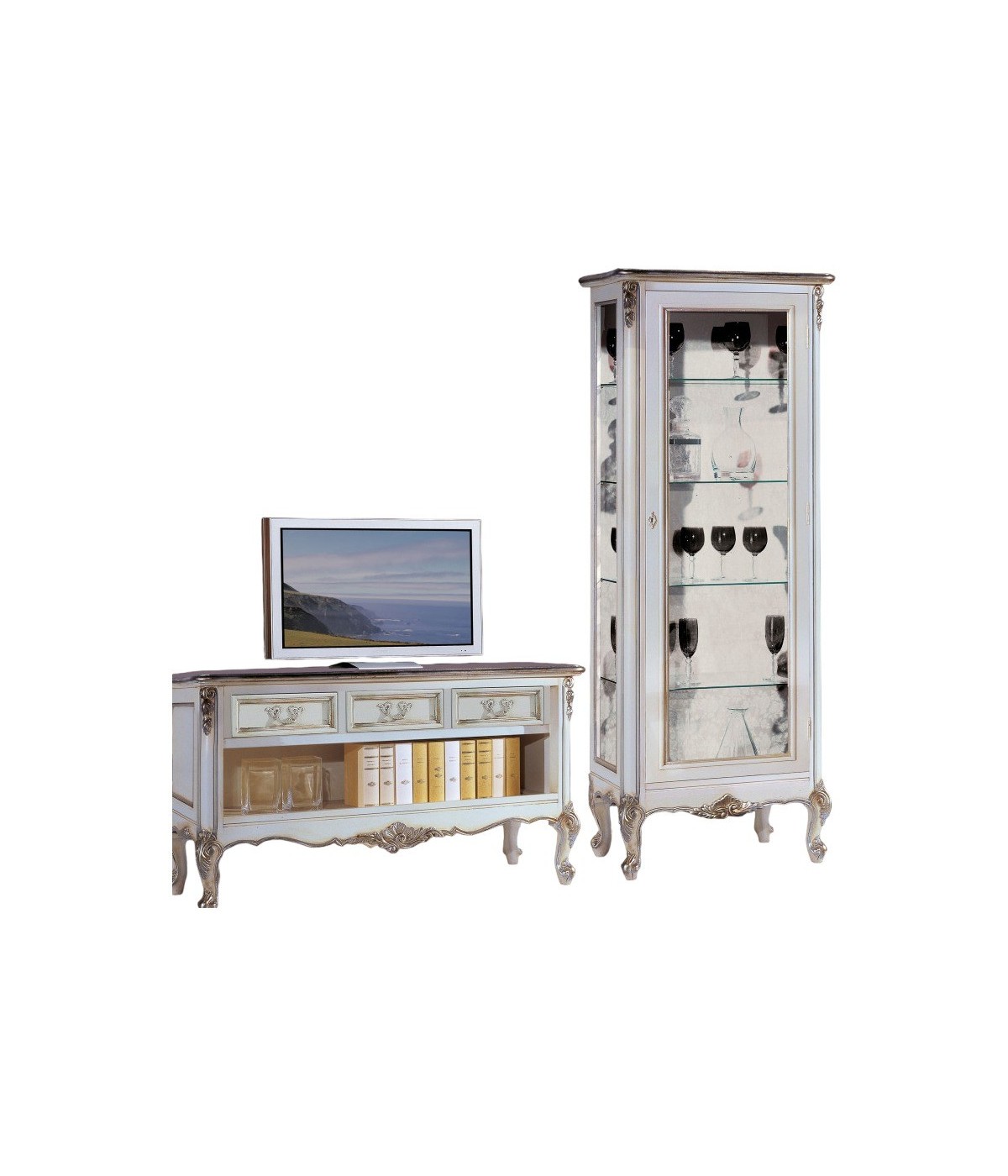 MOBILI 2G - Parete Attrezzata Classica Legno Shabby Bianco Argento DX VISTA FRONTALE