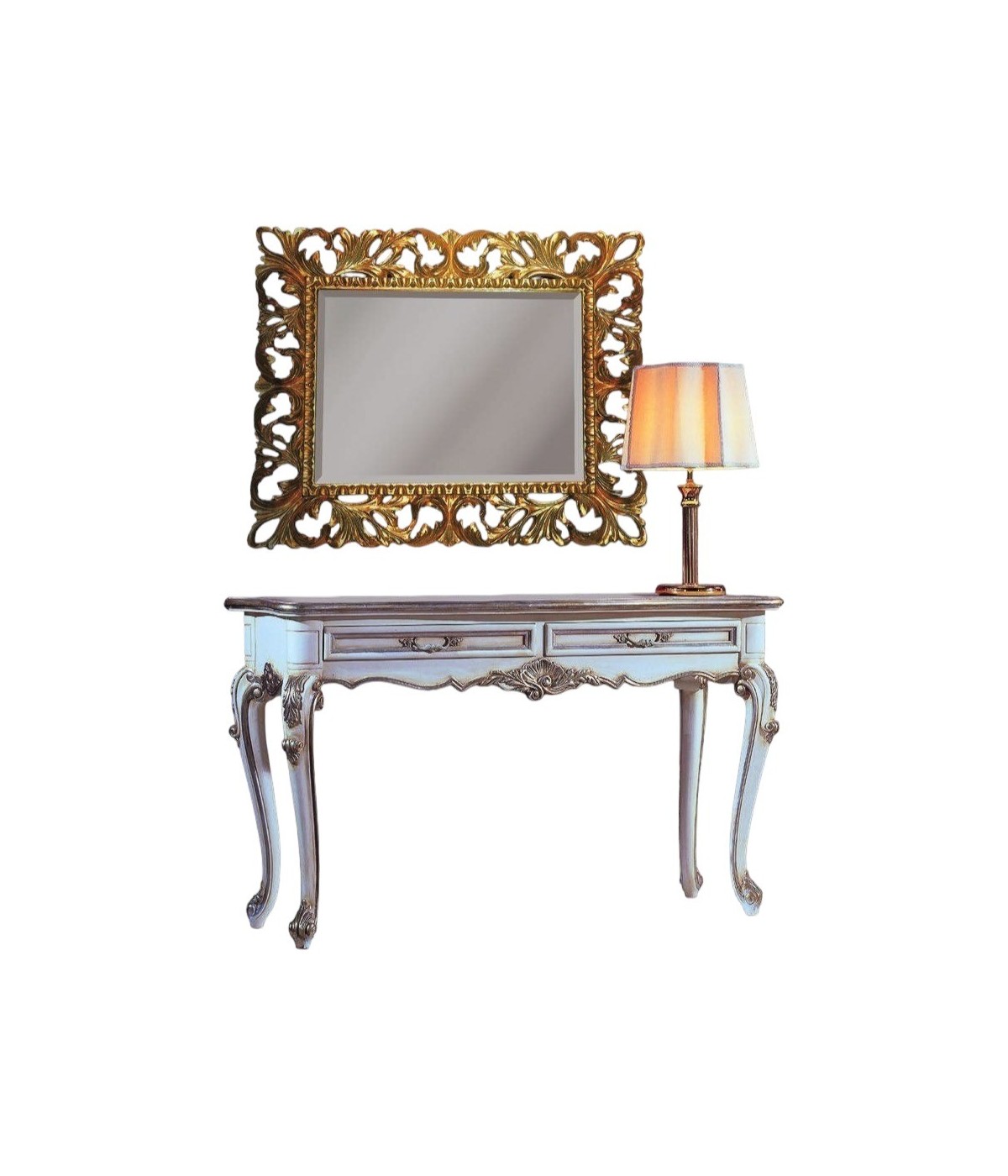 MOBILI 2G - Consolle classica legno shabby bianco argento 133X48x80 vista frontale