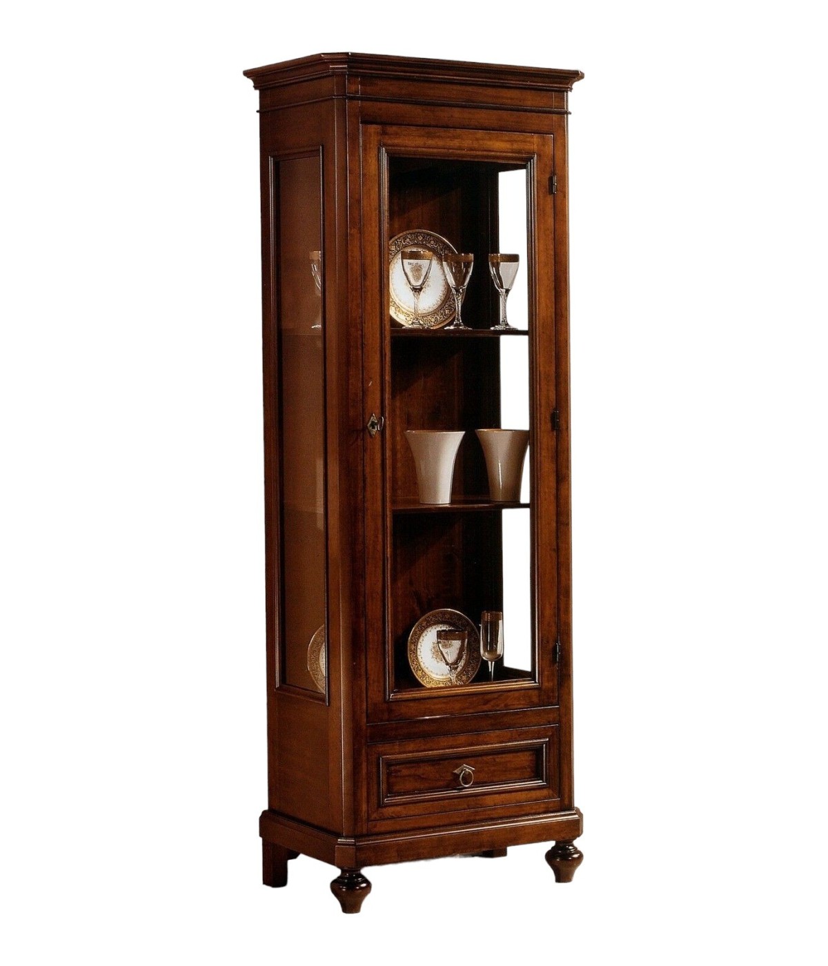 MOBILI 2G - VETRINA 1 PORTA 1 CASSETTO IN LEGNO TINTA NOCE L.67 x P.40 H.190 vista frontale