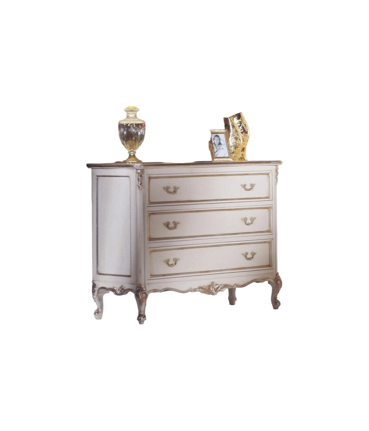 MOBILI 2G - Cassettiera 3 cassetti Classico Legno Shabby Bianco Argento 130x62x107 vista frontale