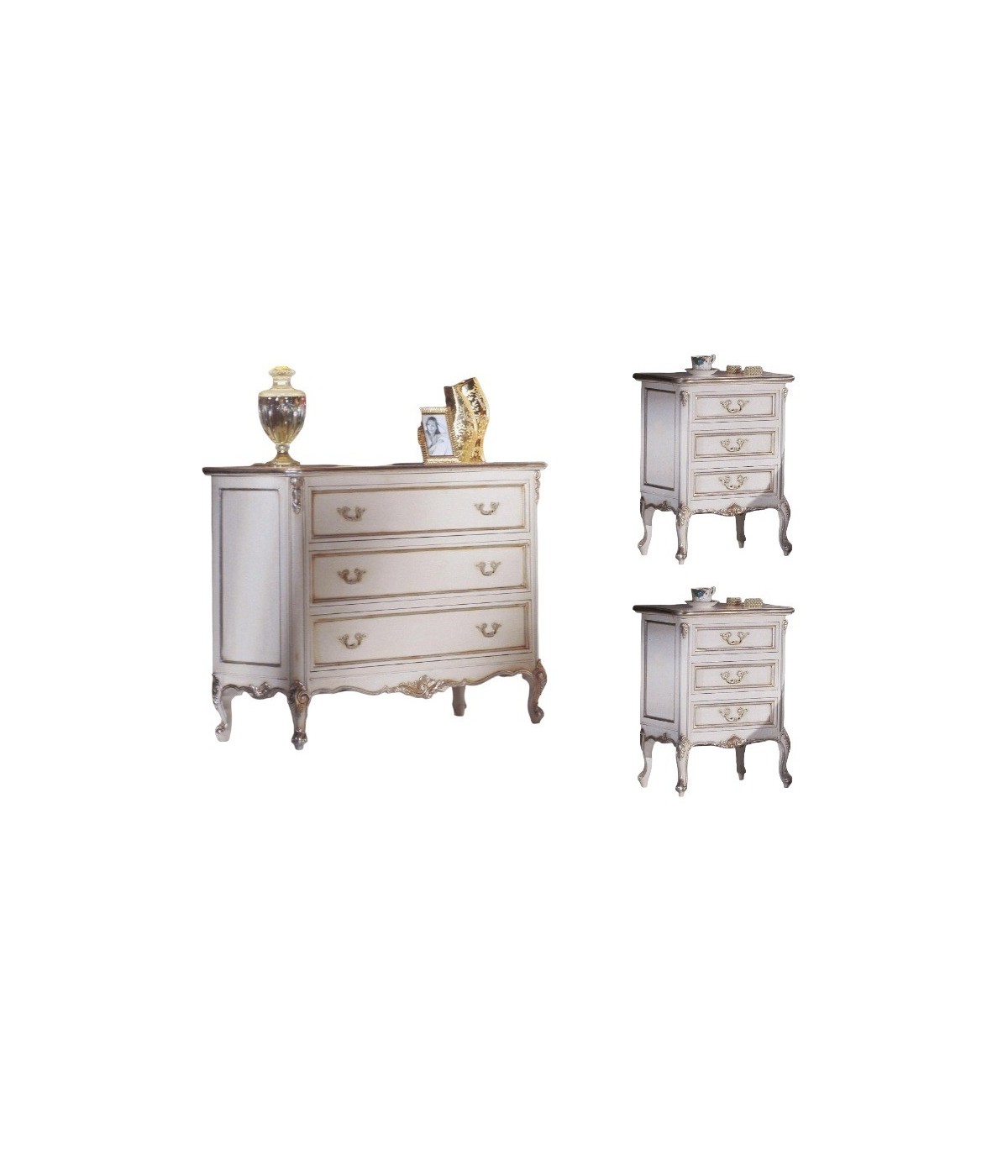 MOBILI 2G - Gruppo Cassettiera e Comodini 3 cassetti Classici Legno Shabby Bianco Argento vista cassettiera e comodini