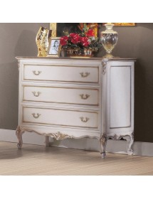 MOBILI 2G - Gruppo Cassettiera e Comodini 3 cassetti Classici Legno Shabby Bianco Argento vista cassettiera frontale