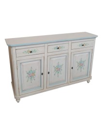 MOBILI 2G - Madia credenza 3 porte legno bianco invecchiato decori azzurri 150x43x98 vista frontale