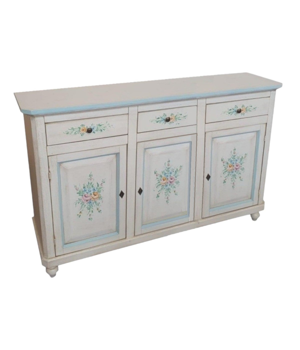 MOBILI 2G - Madia credenza 3 porte legno bianco invecchiato decori azzurri 150x43x98 vista frontale