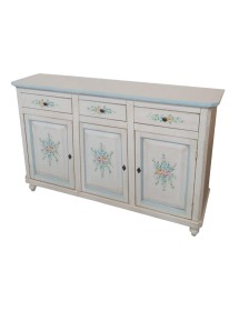 MOBILI 2G - Madia credenza 3 porte legno bianco invecchiato decori azzurri 150x43x98 vista frontale