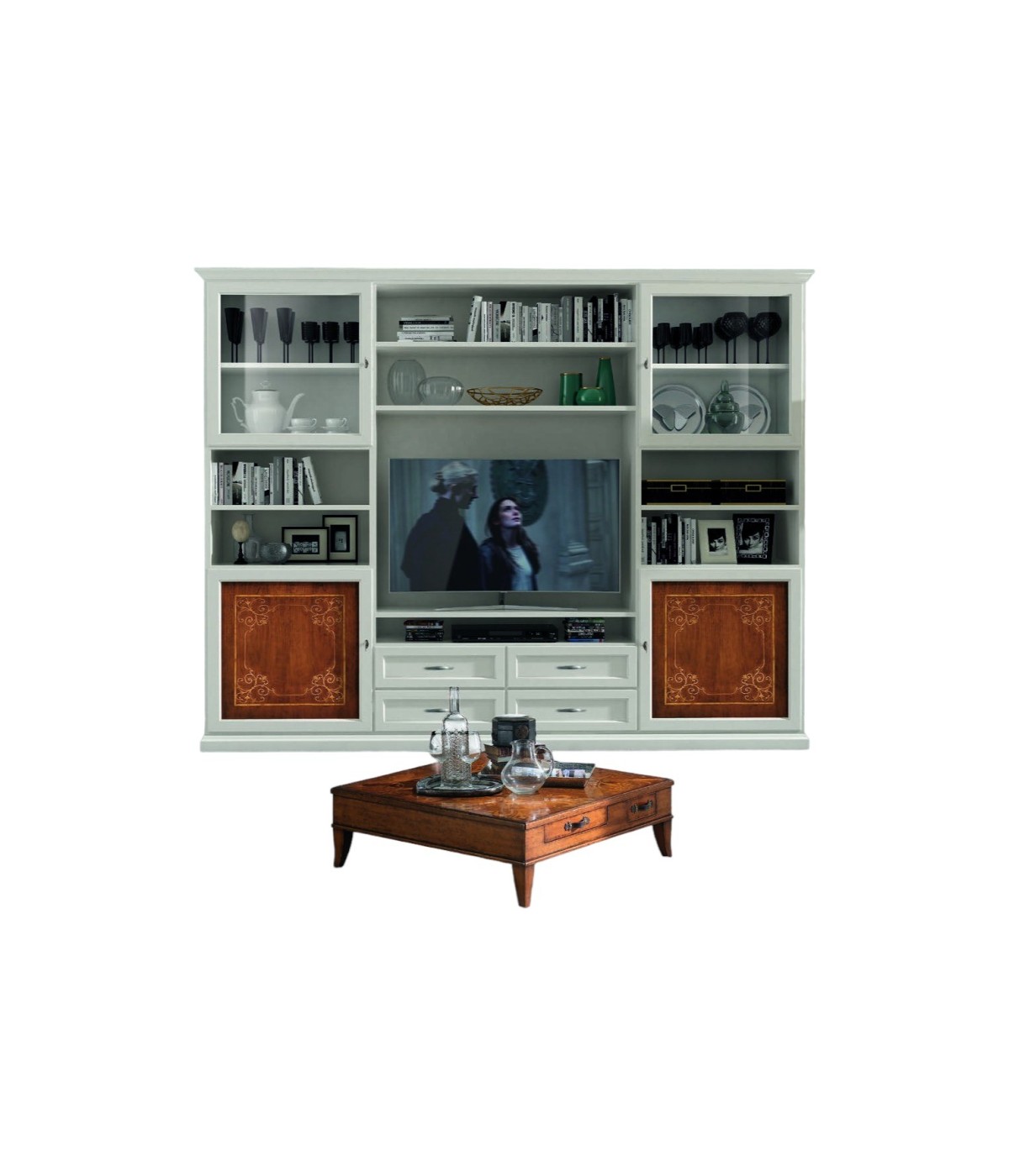 MOBILI 2G - Parete attrezzata porta tv classica legno bianco e noce 300x46x240 vista frontale
