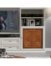 MOBILI 2G - Parete attrezzata porta tv classica legno bianco e noce 300x46x240 vista frontale porta noce intarsi