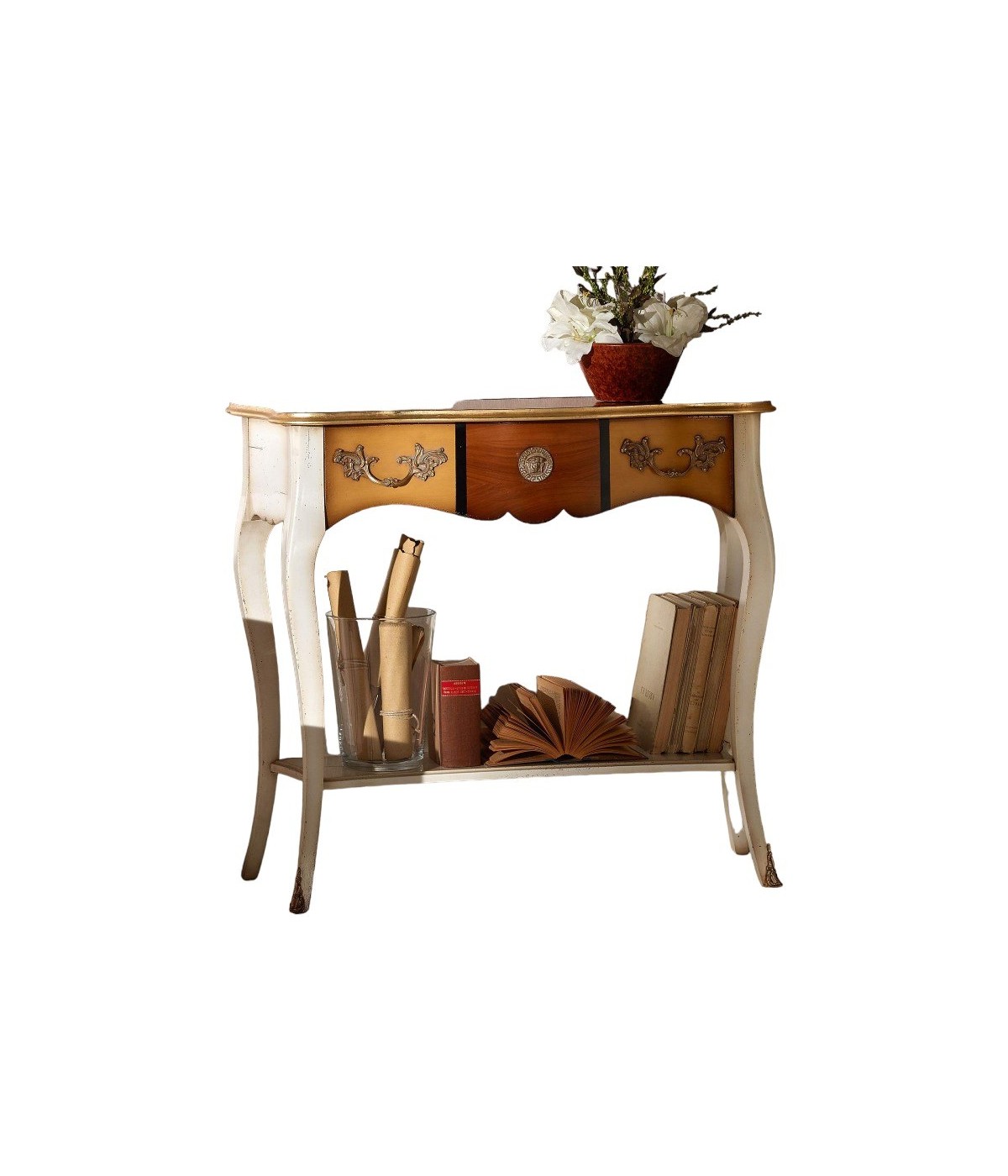 MOBILI 2G - Consolle classica 1 cassetto legno shabby oro 100X40x88 vista frontale