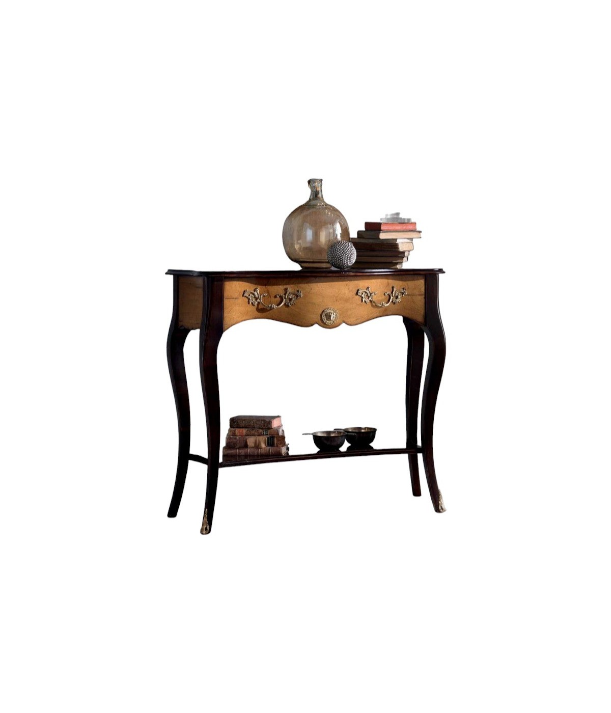 MOBILI 2G - Consolle classica 1 cassetto legno shabby nero e noce 100X40x88 vista frontale