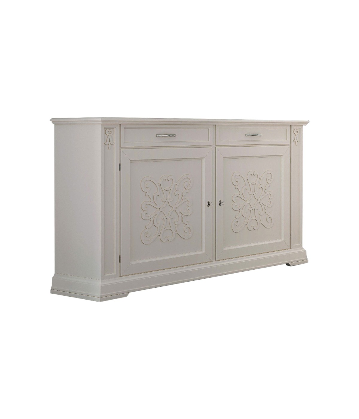 MOBILI 2G - Credenza classica decoro legno 2 porte shabby bianco 184X50X106 vista frontale