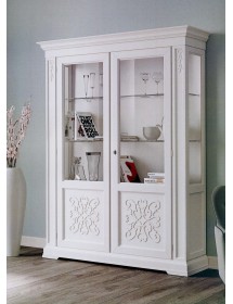MOBILI 2G - Vetrina classica decoro legno 2 porte shabby bianco 170X45X210 vista frontale