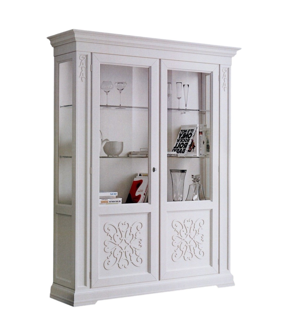 MOBILI 2G - Vetrina classica decoro legno 2 porte shabby bianco 170X45X210 vista frontale