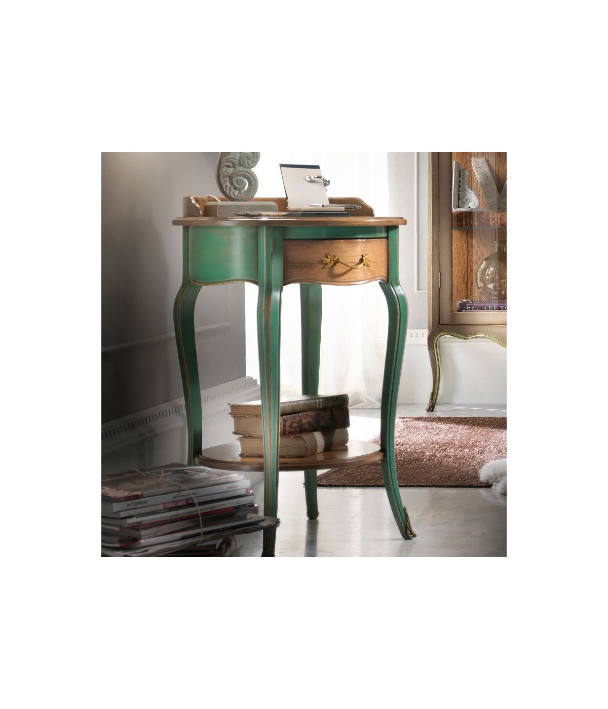 MOBILI 2G - Porta telefono rotondo 1 cassetto legno verde shabby 57X57x83 vista frontale