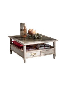 MOBILI 2G - Tavolino quadrato 2 cassetti 2 tiretti legno shabby 90X90x48 vista frontale