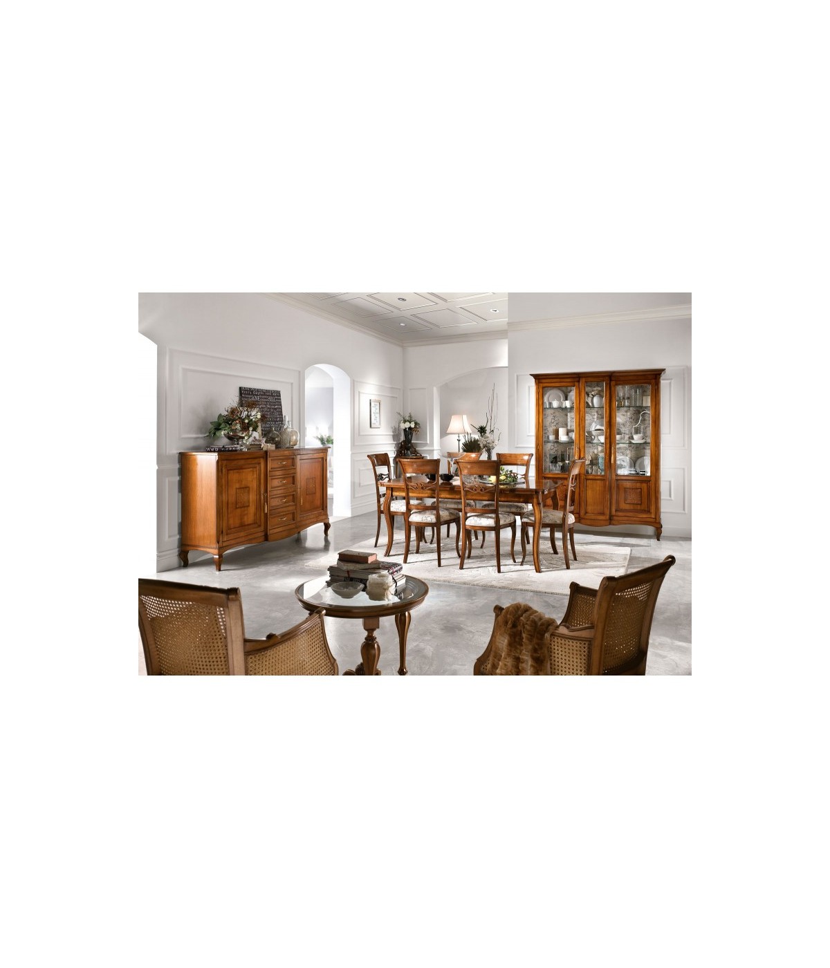 MOBILI 2G - Vetrina classica 2 porte legno intarsio bassano 163X45X207 VISTA FRONTALE SALA COMPLETA