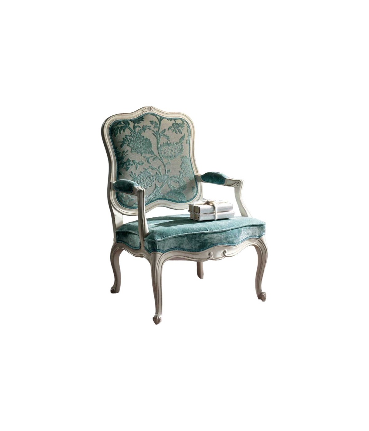 MOBILI 2G - Poltrona classica imbottita legno shabby bianco invecchiato VISTA FRONTALE