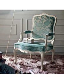 MOBILI 2G - Poltrona classica imbottita legno shabby bianco invecchiato VISTA FRONTALE