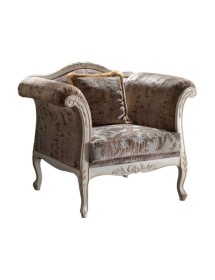 MOBILI 2G - Poltrona classica imbottita legno shabby bianco invecchiato 108x82x96 vista frontale