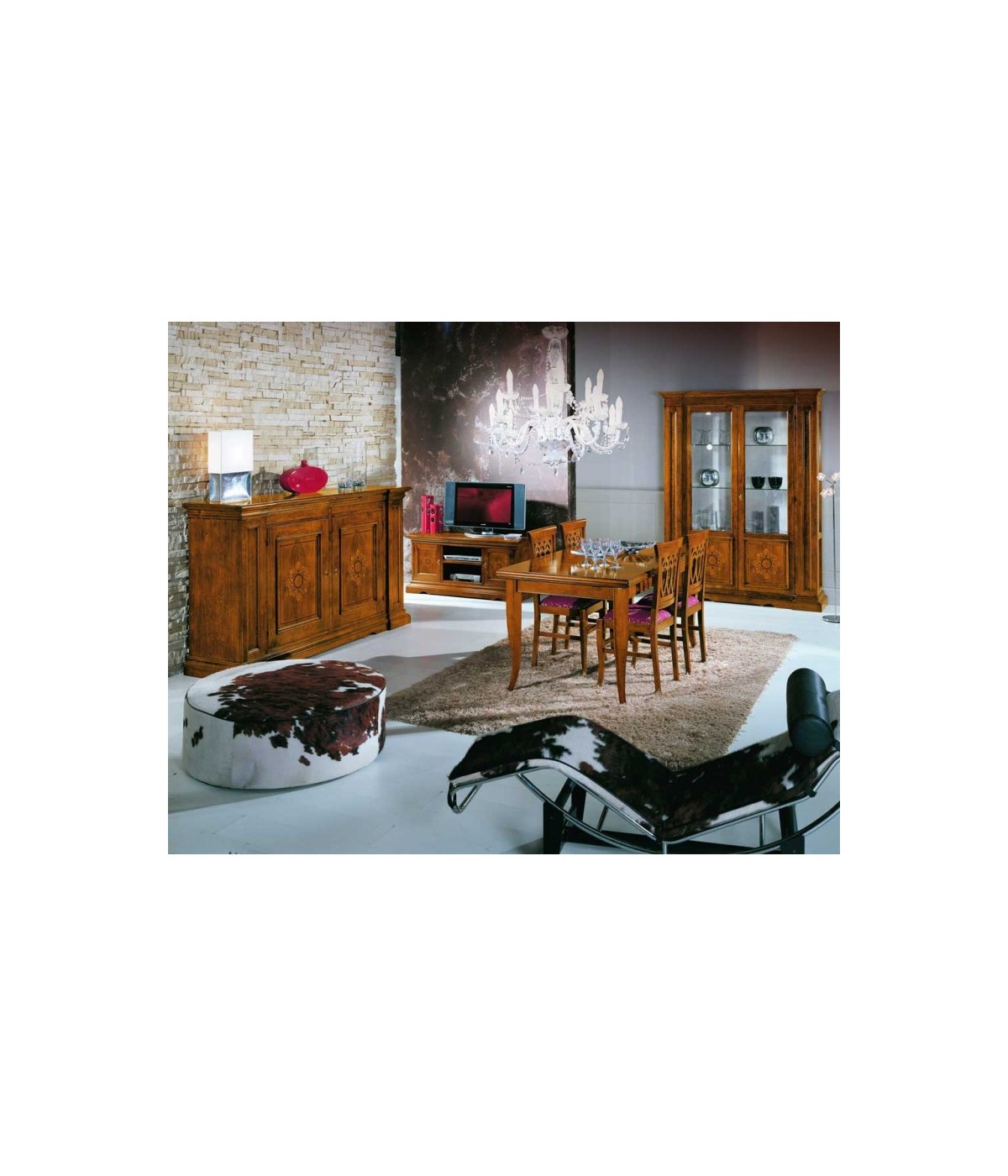 MOBILI 2G - Soggiorno classico completo legno intarsio finitura bassano vista frontale