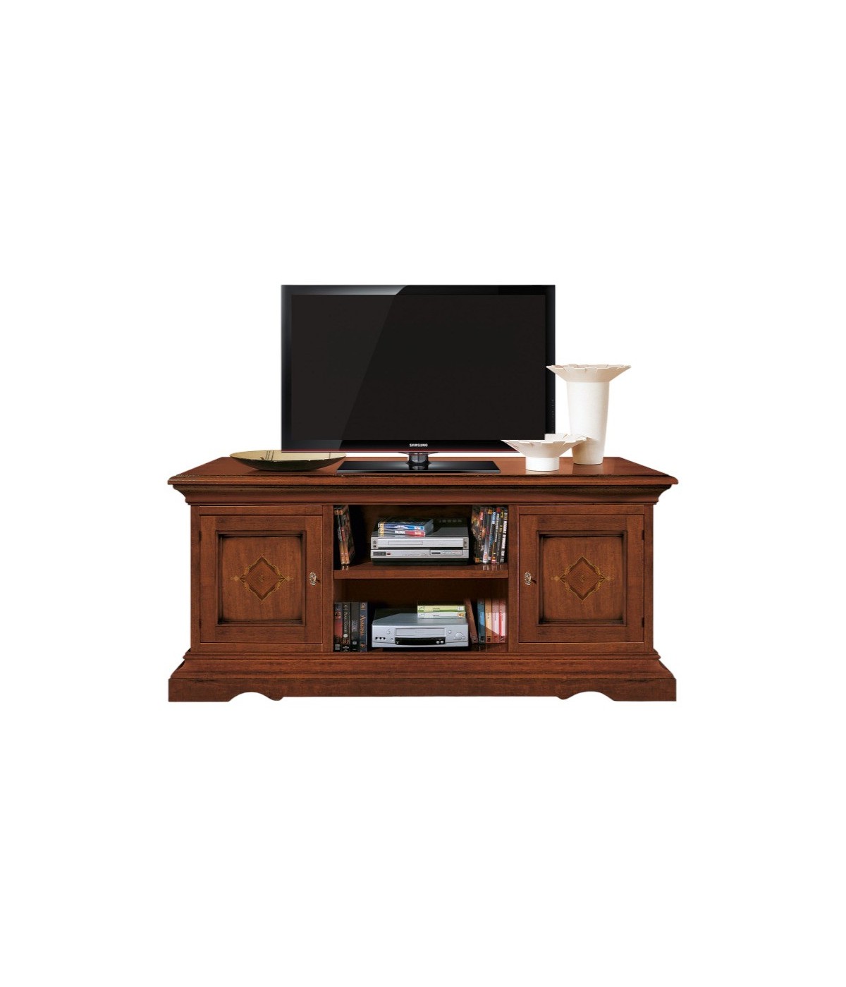 MOBILI 2G - Porta tv 2 porte classico intarsiato legno tinta noce 130X50x60 vista frontale