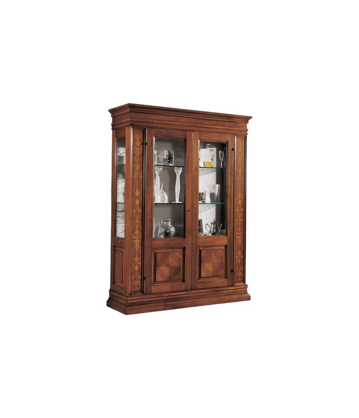 MOBILI 2G - Vetrina classica 2 porte legno intarsio noce 158X53X215 vista frontale